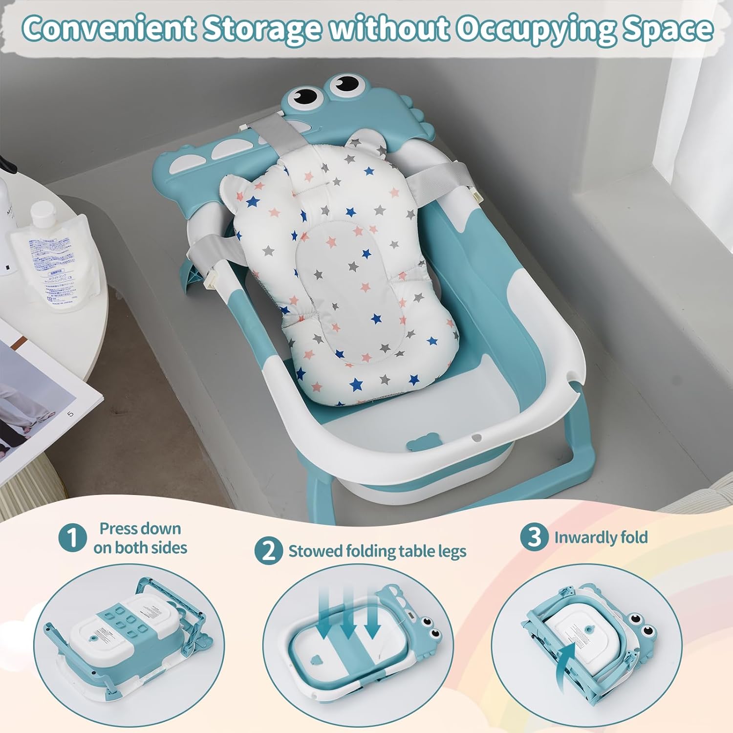 BembiBear™ | Bañera Plegable con Cojín + Termómetro